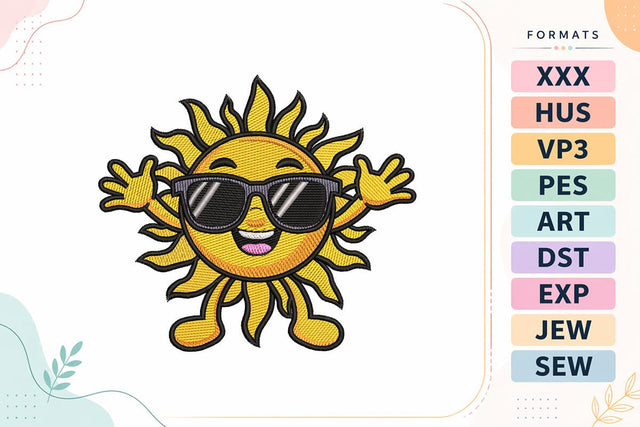 Cute Summer Sun Embroidery Design - Happy Sun with Sunglasses Embroidery/Applique DESIGNS sg embroidery 