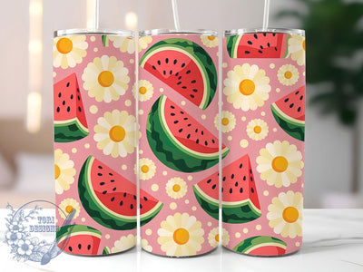 Cute Summer Watermelon 20oz Tumbler, Cute Daisy Pattern, Polka Dot Sublimation, Summer Fruit PNG, 20oz Skinny Tumbler, Seamless Fruit Design, Summer Floral Wrap Sublimation ToriDesigns 