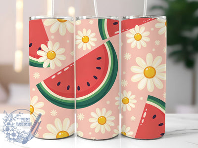 Cute Summer Watermelon 20oz Tumbler, Cute Daisy Pattern, Polka Dot Sublimation, Summer Fruit PNG, 20oz Skinny Tumbler, Seamless Fruit Design, Summer Floral Wrap Sublimation ToriDesigns 