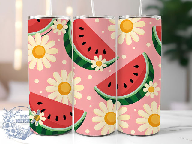 Cute Summer Watermelon 20oz Tumbler, Cute Daisy Pattern, Polka Dot Sublimation, Summer Fruit PNG, 20oz Skinny Tumbler, Seamless Fruit Design, Summer Floral Wrap Sublimation ToriDesigns 