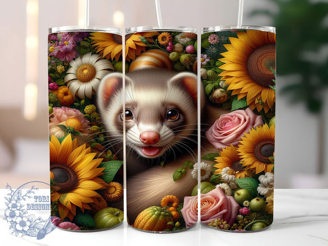 Cute Sunflower Ferret Tumbler, Cute Ferret, Sunflower Wrap, Sublimation Art, 20oz Tumbler, Playful Design, Nature Theme Sublimation ToriDesigns 