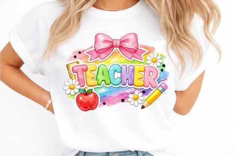 Cute Teacher Rainbow Coquette Bow PNG Sublimation designmaster24 