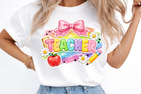 Cute Teacher Rainbow Coquette Bow PNG Sublimation designmaster24 