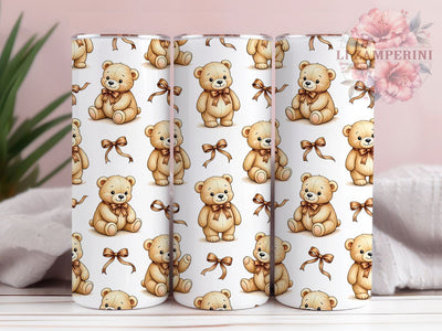 Cute Teddy Bear Bows 20oz Tumbler, Kawaii Plush, Soft Pastels, Whimsical Toy, Pink And Brown, Gentle Design, Playful Art, Sublimation Wrap Sublimation Li Zamperini 