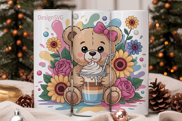 Cute Teddy Bear Iced Coffee 20oz Tumbler Sublimation DesignSVG 