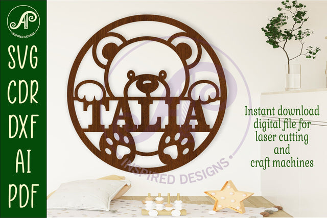 Cute Teddy bear name sign design for laser cutting SVG APInspireddesigns 