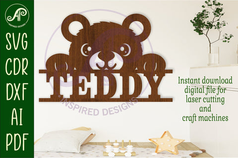 Cute teddy bear name sign svg laser cut file SVG APInspireddesigns 
