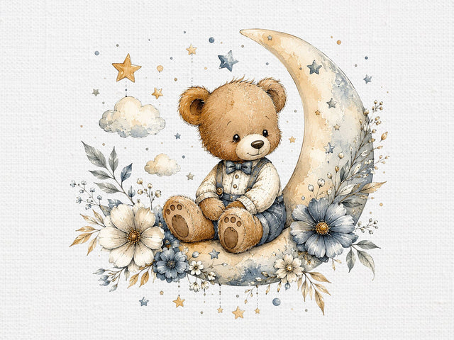 Cute Teddy Bear on Moon Clipart PNG SVG artprintfile 