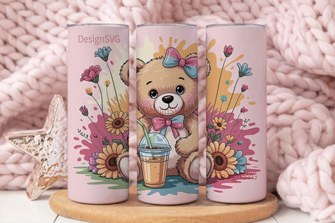 Cute Teddy Bear with Iced Coffee Tumbler Sublimation DesignSVG 