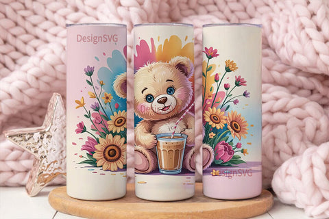 Cute Teddy Bear with Iced Coffee Tumbler Sublimation DesignSVG 