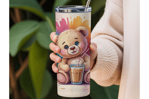 Cute Teddy Bear with Iced Coffee Tumbler Sublimation DesignSVG 