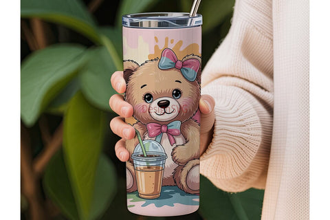 Cute Teddy Bear with Iced Coffee Tumbler Sublimation DesignSVG 