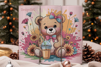 Cute Teddy Bear with Iced Coffee Tumbler Sublimation DesignSVG 