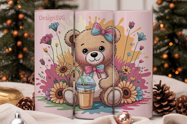 Cute Teddy Bear with Iced Coffee Tumbler Sublimation DesignSVG 