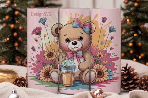 Cute Teddy Bear with Iced Coffee Tumbler Sublimation DesignSVG 