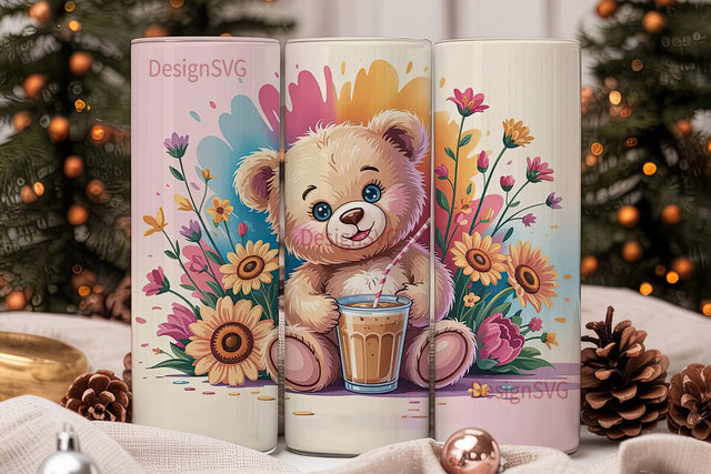 Cute Teddy Bear with Iced Coffee Tumbler Sublimation DesignSVG 