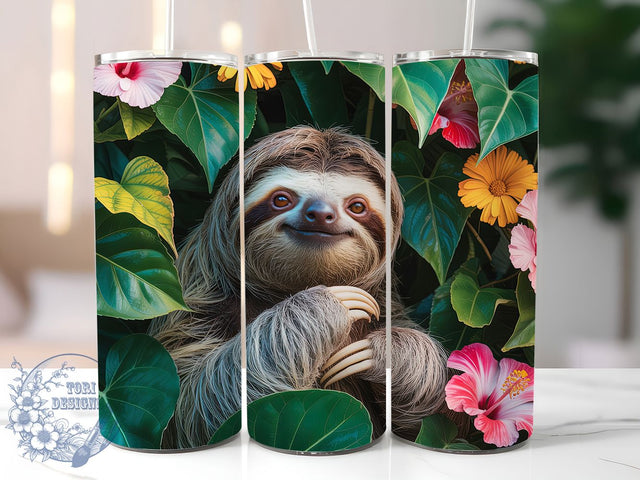 Cute Tropical Sloth Floral Tumbler, Seamless Sloth Tumbler, Cute Sloth Wrap, Tropical Floral Wrap, Artistic Sloth Wrap, Sublimation Design, Trendy Gift Idea Sublimation ToriDesigns 