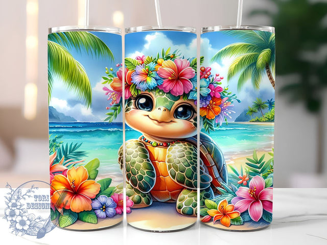 Cute Tropical Turtle 20oz Skinny Tumbler PNG, Summer Tumbler Sublimation Wrap, Straight & Tapered Tumbler Wrap, Instant Digital Download Sublimation ToriDesigns 