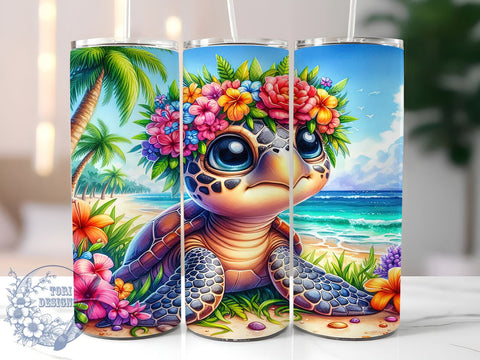 Cute Tropical Turtle 20oz Skinny Tumbler PNG, Summer Tumbler Sublimation Wrap, Straight & Tapered Tumbler Wrap, Instant Digital Download Sublimation ToriDesigns 