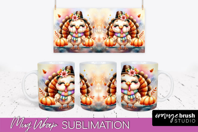 Cute Turkey Mug Wrap - Thanksgiving Mug PNG Sublimation Sublimation OrangeBrushStudio 