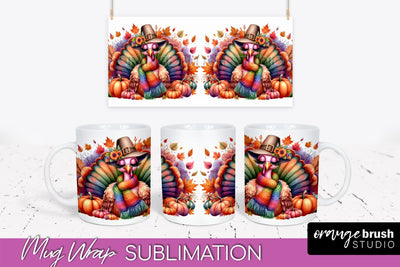 Cute Turkey Mug Wrap - Thanksgiving Mug PNG Sublimation Sublimation OrangeBrushStudio 