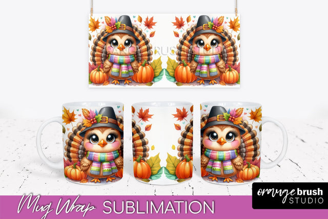 Cute Turkey Mug Wrap - Thanksgiving Mug PNG Sublimation Sublimation OrangeBrushStudio 