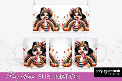 Cute Turkey Mug Wrap - Thanksgiving Mug PNG Sublimation Sublimation OrangeBrushStudio 