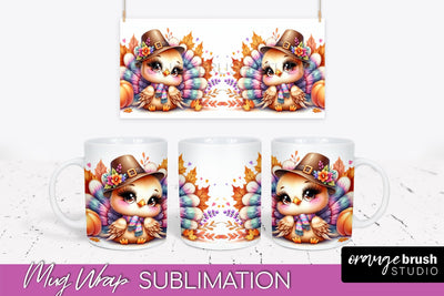 Cute Turkey Mug Wrap - Thanksgiving Mug PNG Sublimation Sublimation OrangeBrushStudio 