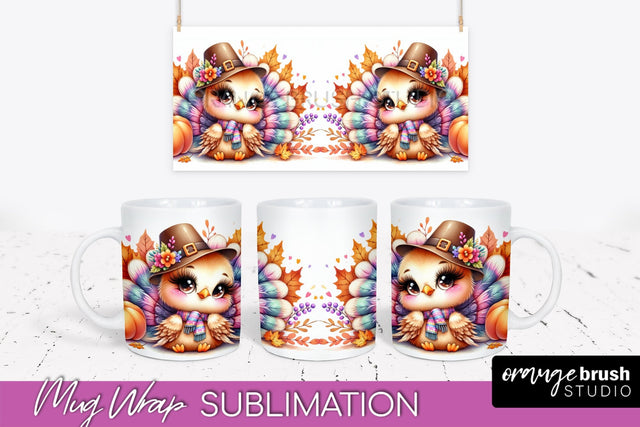 Cute Turkey Mug Wrap - Thanksgiving Mug PNG Sublimation Sublimation OrangeBrushStudio 