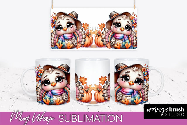 Cute Turkey Mug Wrap - Thanksgiving Mug PNG Sublimation Sublimation OrangeBrushStudio 