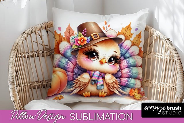 Cute Turkey Pillow Cover - Thanksgiving Pillow Sublimation Sublimation OrangeBrushStudio 