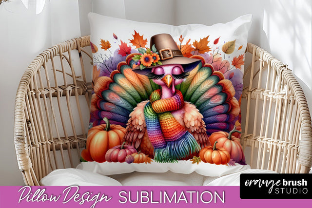Cute Turkey Pillow Cover - Thanksgiving Pillow Sublimation Sublimation OrangeBrushStudio 