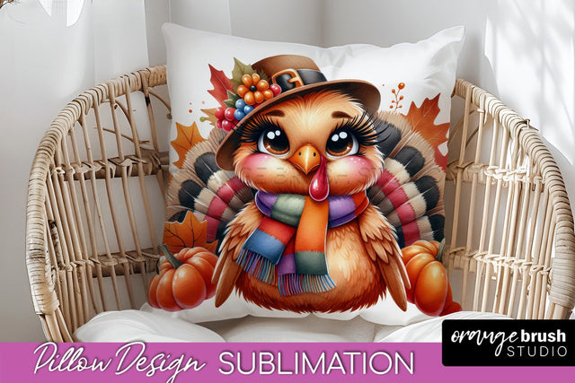 Cute Turkey Pillow Cover - Thanksgiving Pillow Sublimation Sublimation OrangeBrushStudio 