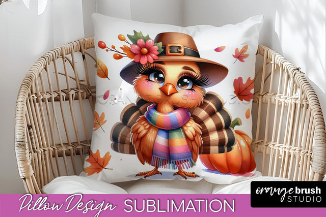 Cute Turkey Pillow Cover - Thanksgiving Pillow Sublimation Sublimation OrangeBrushStudio 