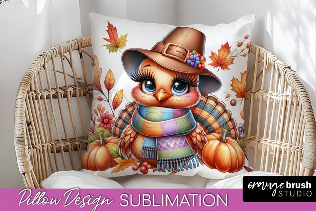 Cute Turkey Pillow Cover - Thanksgiving Pillow Sublimation Sublimation OrangeBrushStudio 