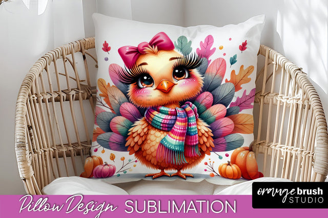 Cute Turkey Pillow Cover - Thanksgiving Pillow Sublimation Sublimation OrangeBrushStudio 