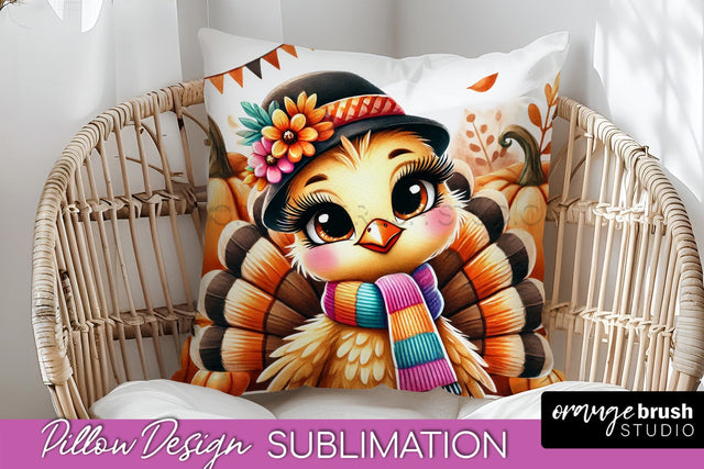 Cute Turkey Pillow Cover - Thanksgiving Pillow Sublimation Sublimation OrangeBrushStudio 