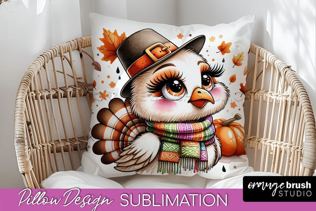 Cute Turkey Pillow Cover - Thanksgiving Pillow Sublimation Sublimation OrangeBrushStudio 