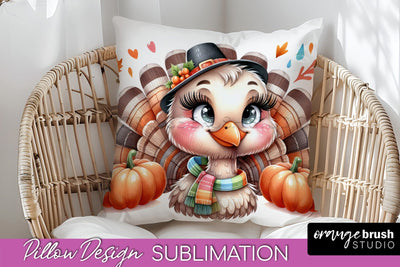 Cute Turkey Pillow Cover - Thanksgiving Pillow Sublimation Sublimation OrangeBrushStudio 