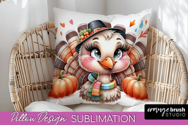 Cute Turkey Pillow Cover - Thanksgiving Pillow Sublimation Sublimation OrangeBrushStudio 