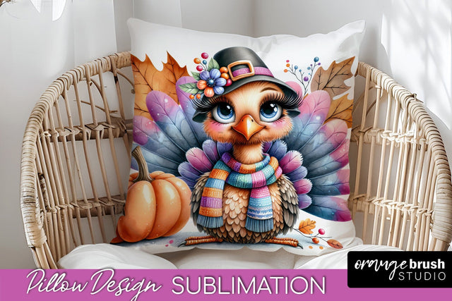 Cute Turkey Pillow Cover - Thanksgiving Pillow Sublimation Sublimation OrangeBrushStudio 