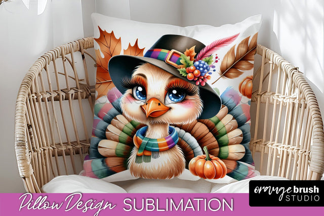 Cute Turkey Pillow Cover - Thanksgiving Pillow Sublimation Sublimation OrangeBrushStudio 