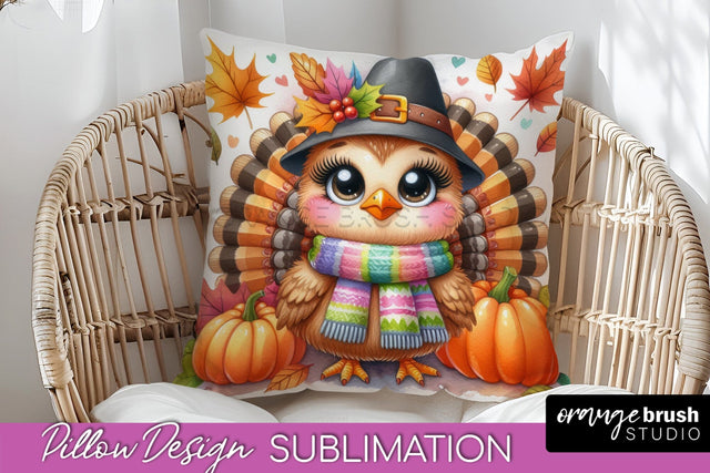 Cute Turkey Pillow Cover - Thanksgiving Pillow Sublimation Sublimation OrangeBrushStudio 
