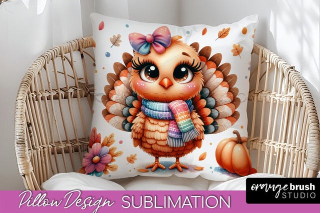 Cute Turkey Pillow Cover - Thanksgiving Pillow Sublimation Sublimation OrangeBrushStudio 