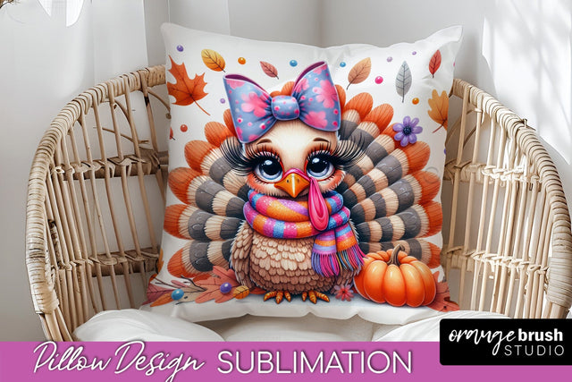 Cute Turkey Pillow Cover - Thanksgiving Pillow Sublimation Sublimation OrangeBrushStudio 