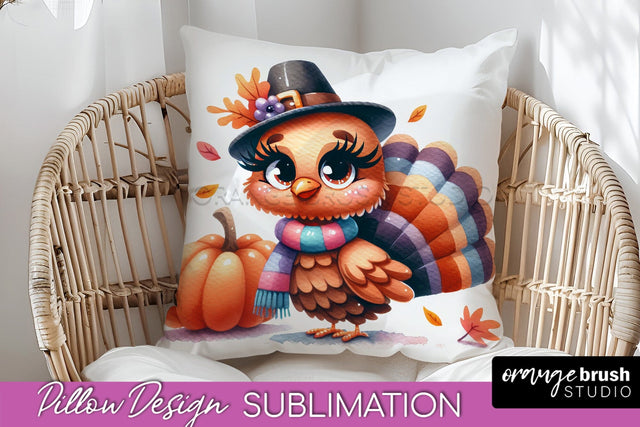 Cute Turkey Pillow Cover - Thanksgiving Pillow Sublimation Sublimation OrangeBrushStudio 