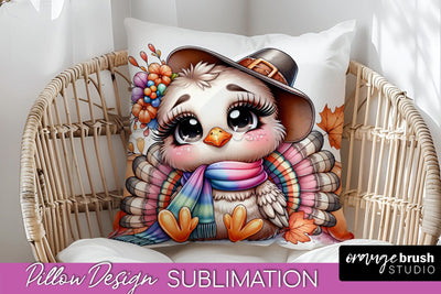Cute Turkey Pillow Cover - Thanksgiving Pillow Sublimation Sublimation OrangeBrushStudio 