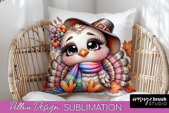 Cute Turkey Pillow Cover - Thanksgiving Pillow Sublimation Sublimation OrangeBrushStudio 