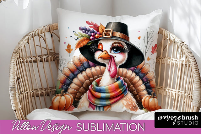 Cute Turkey Pillow Cover - Thanksgiving Pillow Sublimation Sublimation OrangeBrushStudio 