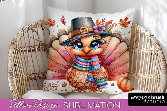 Cute Turkey Pillow Cover - Thanksgiving Pillow Sublimation Sublimation OrangeBrushStudio 